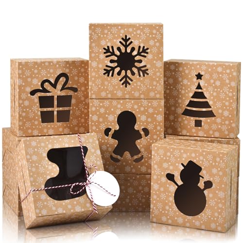 Brown Christmas Cookie Gift Boxes with Window - 18 Pack, 6x6x3 Inch