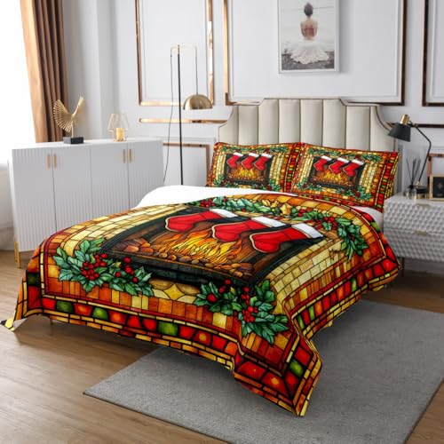 Manfei Christmas Stocking Kids Bedspread Set Queen 90x90 - Black/Red/Orange Geometric Plaid