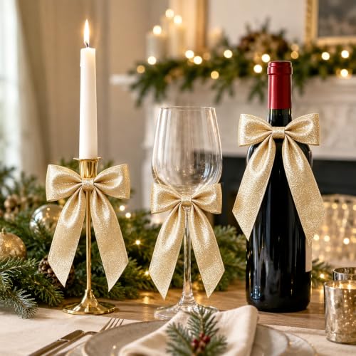 DULEFUN Gold Glitter Christmas Tree Bows Decorations 24 Pack