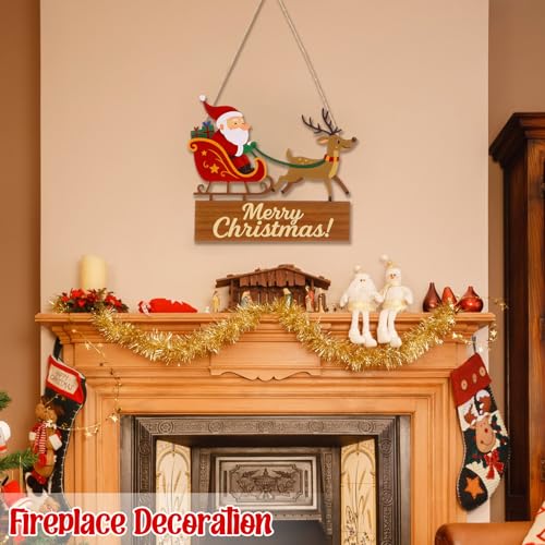 Merry Christmas Door Sign Santa Reindeer Wood Hanger with Burlap Rope