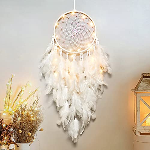 Handmade White Feather Dream Catcher with LED Lights, 20-Inch Wall Hanging
