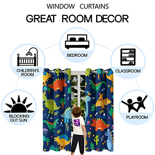 Dinosaur Print Blackout Curtains, Thermal Insulated Window Drapes 82x63