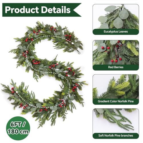 2Pcs 6Ft Real Touch Norfolk Pine Garland with Red Berries – Winter Holiday Decor