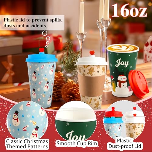 CUPLOOV 16oz 25-Pack Christmas Coffee Cups with Lids & Sleeves - Retro 5-Design Holiday Paper Cups