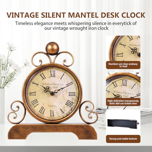 Vintage Metal Mantel Clock, Silent Quartz Table Clock for Shelf or Desk