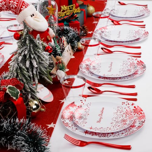 LIYH Red and White Christmas Dinnerware Set 150 Pcs Disposable Plates Cutlery Cups