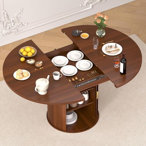 Extendable Round Dining Table with Storage Base, 47"-63" Walnut Wood Oval Table