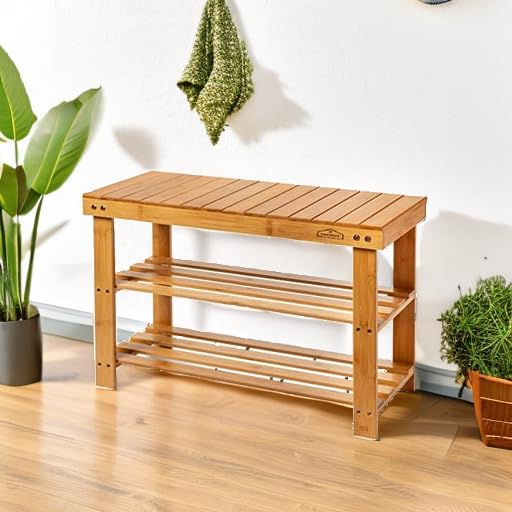 3-Tier Bamboo Shoe Rack Bench, Heavy-Duty Entryway Storage Organizer