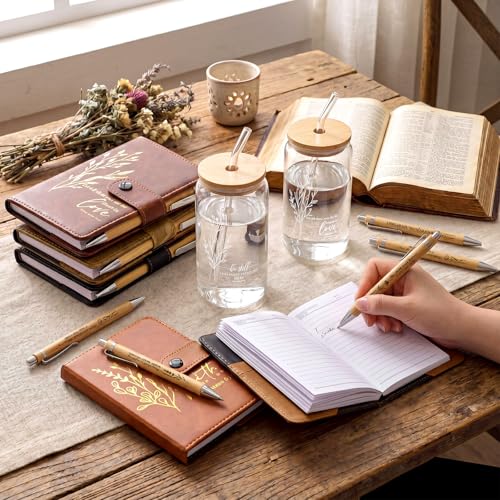 AmazingSpark 24 Pcs Christian Gift Set: 16 oz Glass Cups, Leather Bible Notebooks & Bamboo Pens (Flower, 5 Colors)