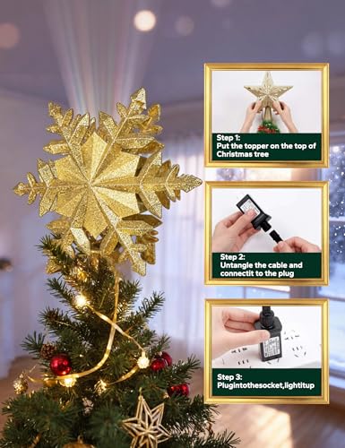 DG-Direct Gold 6-Pattern Rotating Christmas Tree Topper with Snowflake Projection
