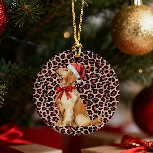 White Ceramic Leopard Golden Retriever Christmas Ornament for Holiday Tree Decor - MKIJUHB