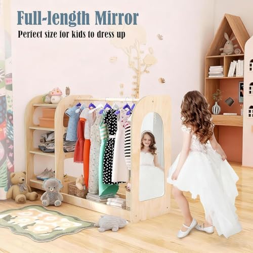 Kids Dress Up Storage Wardrobe with Mirror and Shelves - Wooden Kids Closet Organizer