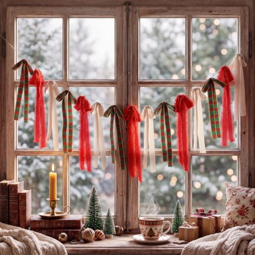 Elegant Christmas Plaid Bow Garland - 6.7ft Red Green Holiday Banner