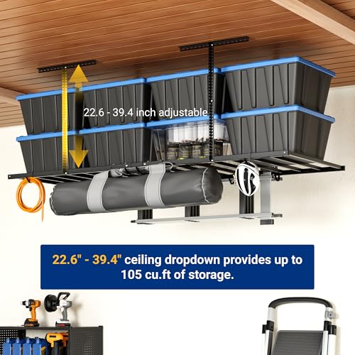 4x8 Overhead Garage Ceiling Storage Rack with 6 Hooks, 750lbs Capacity
