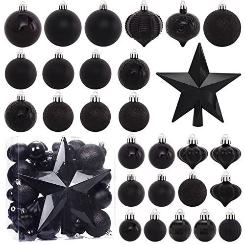 BSTDECOR 52-Pack Black Christmas Tree Ornaments with Star Topper - Shatterproof Holiday Decor