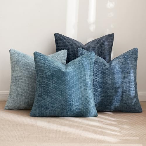 MIULEE Soft Chenille Throw Pillow Covers 18x18 Inch, Blue Series - Set of 4