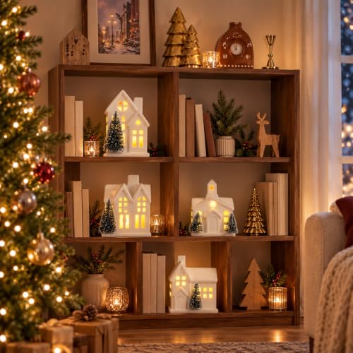 FTEJUWJ 4-Piece Ceramic Christmas Village Set with LED Lights Glitter Snow Scene