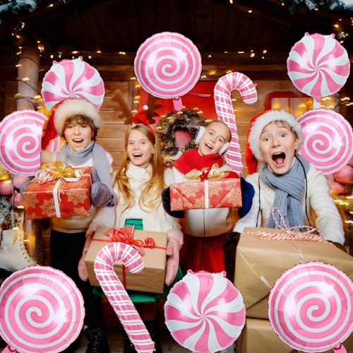NOVWANG 24 Pcs Christmas Candy Foil Balloons - 18in Pink White Candy Theme