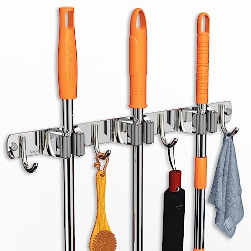 Stainless Steel Mop and Broom Holder Wall Mount with 3 Racks and 4 Hooks