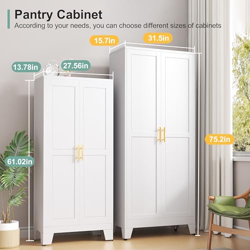 61-Inch Metal Pantry Cabinet with 2 Doors and Adjustable Shelves, White