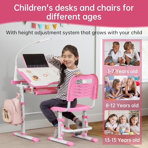 Kids Adjustable Study Desk and Chair Set with LED Lamp and Tilted Desktop