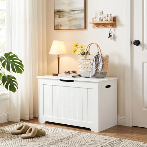 Large Wood Storage Chest with Safety Hinge and Flip-Top Lid, 100L White