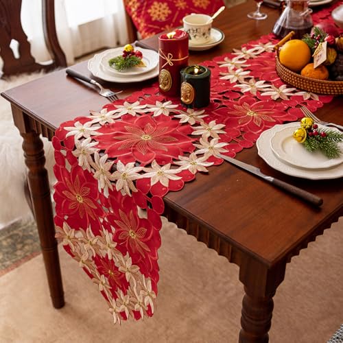 Joyfol Day Christmas Table Runner 14x59 Inches with Gold Poinsettia Embroidery