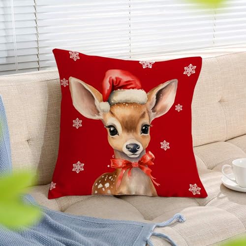 RLCMO Christmas Deer Hat Snowflake Throw Pillow Cover 18x18 Brown