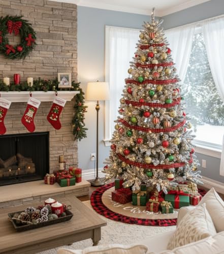 48-Inch Christmas Tree Skirt - Linen Burlap with Red Buffalo Plaid Border