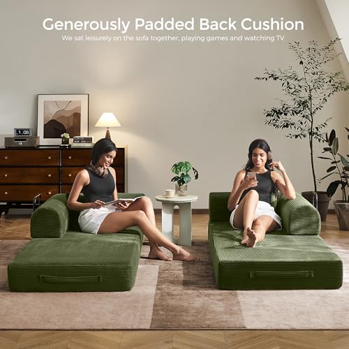 SAVENICA 79-Inch Olive Green Convertible Futon Sofa Bed - 5-in-1 Modular Couch for Living Room