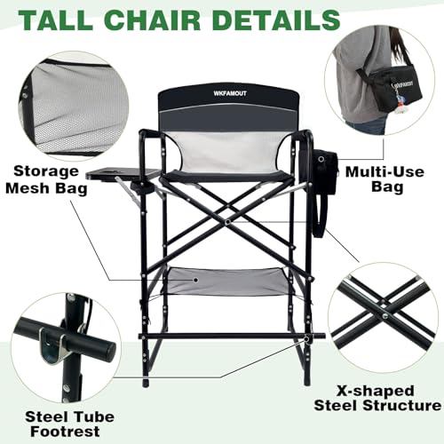 Tall Folding Director Chair with Side Table and Cosmetic Storage Bag