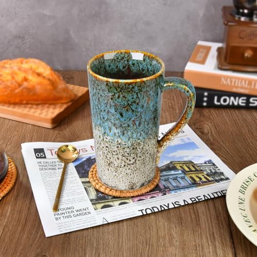 YINUOWEI 20 oz Tall Ceramic Coffee Mugs Set of 2, White & Blue with Large Handle