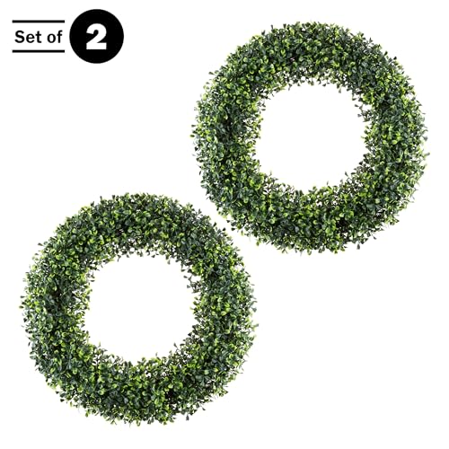 Pure Garden Set of 2 Wreaths - 19.5-Inch Round Artificial Boxwood Summer, Fall, Winter, or Spring Wreaths - Indoor/Outdoor Decoration for Front Door