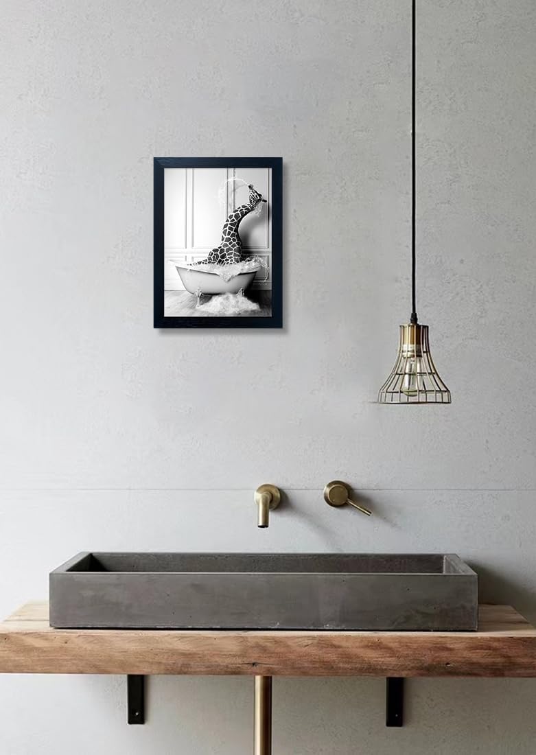 Skiennix Black and White Giraffe in Bathtub Canvas Print - Funny Animal Wall Art for Kids' Bathroom Decor