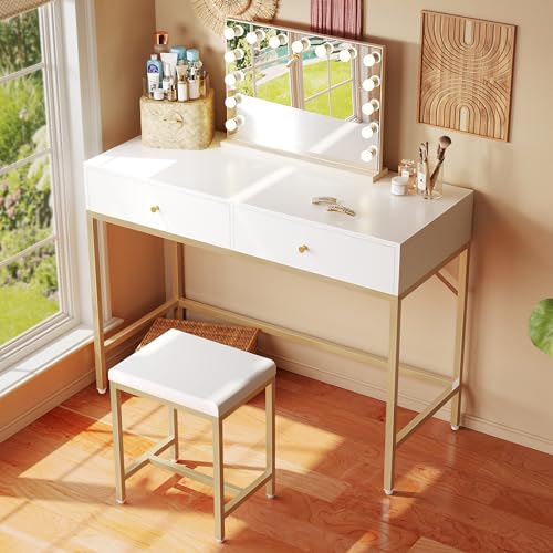 Modern 35.4-Inch Writing Desk with 2 Drawers and Padded Stool