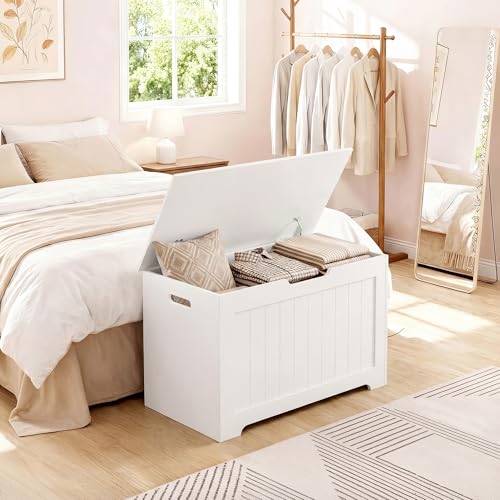 Large Wood Storage Chest with Safety Hinge and Flip-Top Lid, 100L White