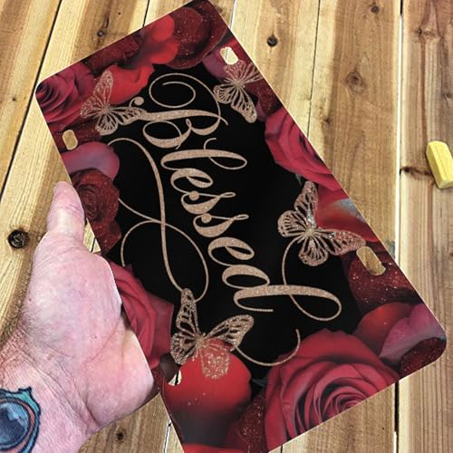 Blessed Red Rose Butterfly Decorative License Plate - 6x12 Aluminum Wall Sign