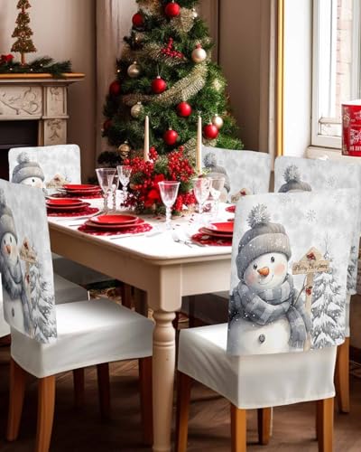 LooPoP 8 pcs Christmas Snowman Chair Covers Set Grey Stretch Dining Chair Protectors