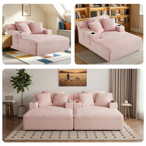66" Oversized Corduroy Chaise Lounge Chair with Cup Holders and Storage