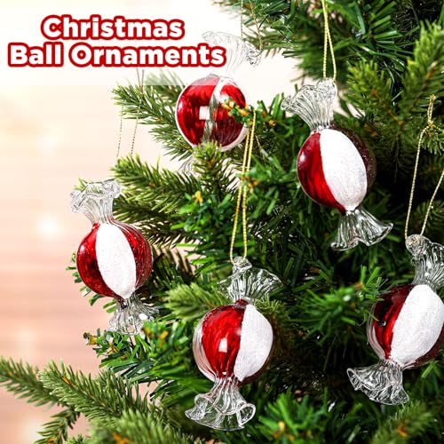 Syhood 6-Pack Christmas Candy Glass Ornaments 3.15 Inch Red & White Decor