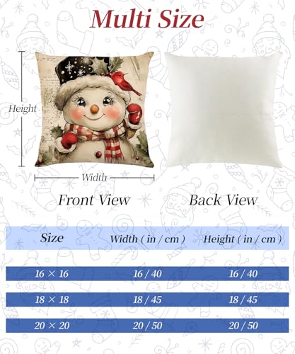 Vintage Snowman Christmas Pillow Covers Set of 4 18x18 Inches