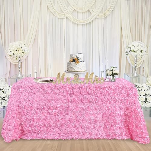 B-COOL 90x156 Inch Pink 3D Rosette Satin Tablecloth - Rectangular