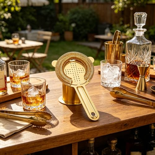 Homestia Hawthorne Cocktail Strainer Gold - 2-Prong Bar Tool for Shaken Drinks