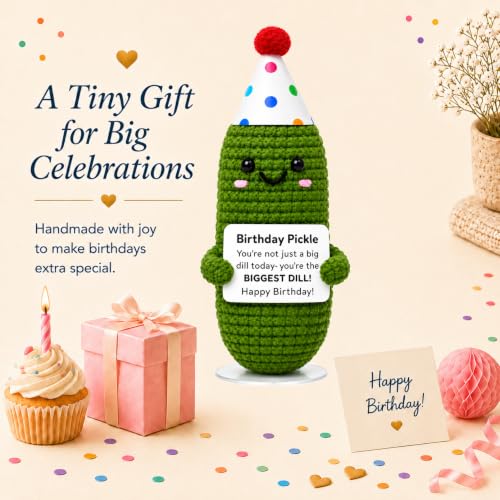 Handmade Crochet Birthday Pickle Plush with Gift Box and Display Stand