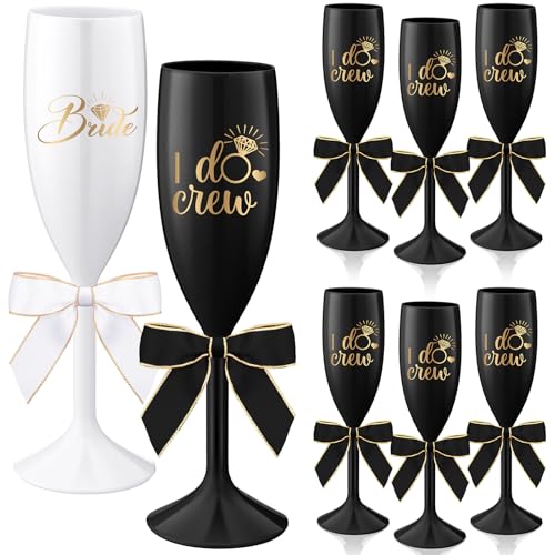 Bridesmaid Champagne Flutes Set 8 Pcs White & Black Elegant Glasses with Twist Bows