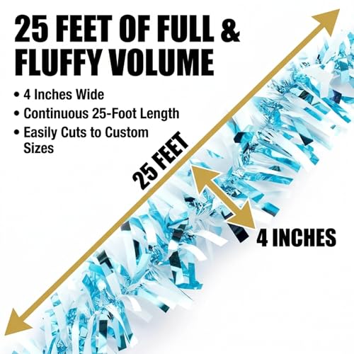 Light Blue & White Metallic Tinsel Twist Garland - 25ft Holiday Decor