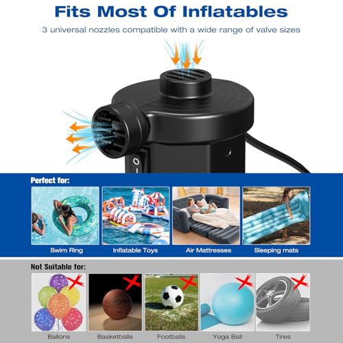 Electric Air Pump 2-in-1 Quick-Fill Inflator Deflator with 3 Nozzles