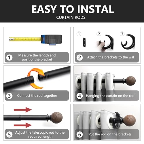 Adjustable Wood Grain Curtain Rod, 16-48 Inch Heavy Duty Drapery Rod Set