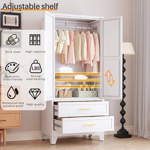 71-Inch Metal Wardrobe Closet with Mirror, 2 Drawers and Adjustable Shelves