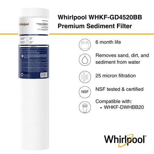 Whirlpool 20" x 4.5" Large Whole House Sediment Filter WHKF-GD4520BB, NSF Certified 25 Micron Filtration, 6-Month Life, Replacement Cartridge Fits Most 20-Inch Home Water Filter Housings